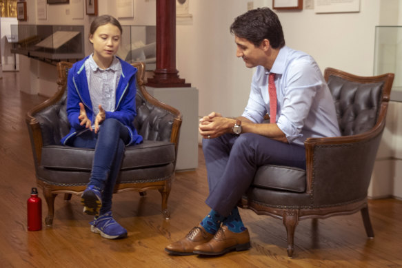 Canadian Prime Minister Justin Trudeau and Swedish environmental activist Greta Thunberg meet in Montreal on Friday.