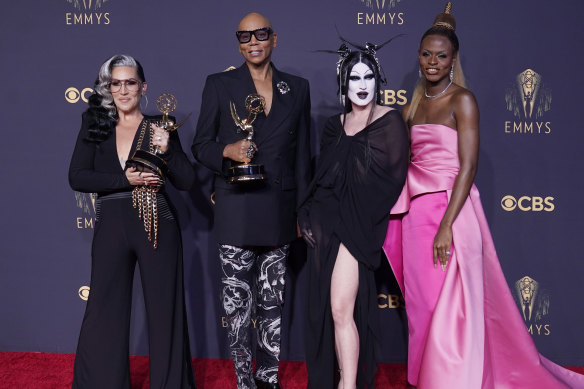 Michelle Visage, RuPaul Charles, Gottmik and Symone with the award for outstanding competition program for RuPaul’s Drag Race at the Emmys last year.