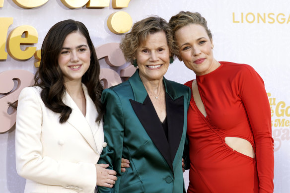 Judy Blume, centre, with the stars of Are You There God? It’s Me, Margaret, Abby Ryder Fortson, left, and Rachel McAdams.