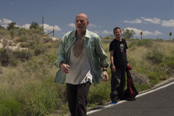 Bryan Cranston as Walter White and Aaron paul as Jesse Pinkman in Breaking Bad.