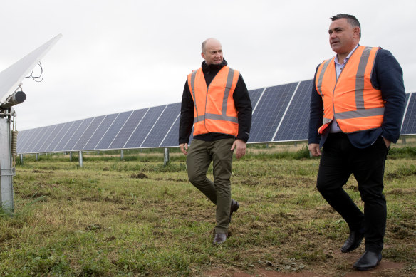 Energy Minister Matt Kean (left), with Deputy Premier John Barilaro at a solar farm near Dubbo in late June. Another big renewable energy zone will be launched on Friday, this time for the north-east of the state.