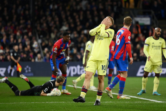 Arsenal’s Emile Smith Rowe reacts after a missed chance against London rivals Crystal Palace.
