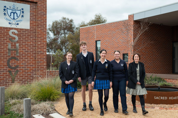 Sacred Heart College Yarrawonga captains Chloe Burgess, Dominic McInness, Belinna Walshe, Jess Arnold and deputy principal learning and teaching Fleur Linehan.