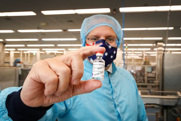 PM Scott Morrison visits CSL’s facility in Melbourne in February. The federal government has missed its vaccine rolllout targets.