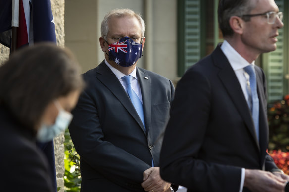 Scott Morrison with then Premier  Gladys Berejiklian and Treasurer Perrottet announcing COVID financial relief in July. 