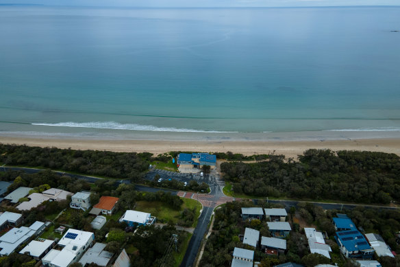 Aerial shot of the Inverloch coastline showing how close the houses on Surf Parade are to the ocean.