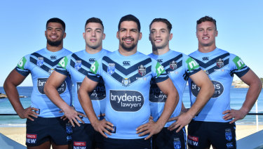 Undaunted: NSW Blues debutants Payne Haas, Nick Cotric, Cody Walker, Cameron Murray and Jack Wighton.