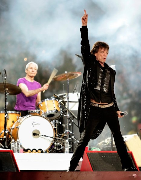 Charlie Watts and Mick Jagger perform at the Super Bowl in the US in 2006.