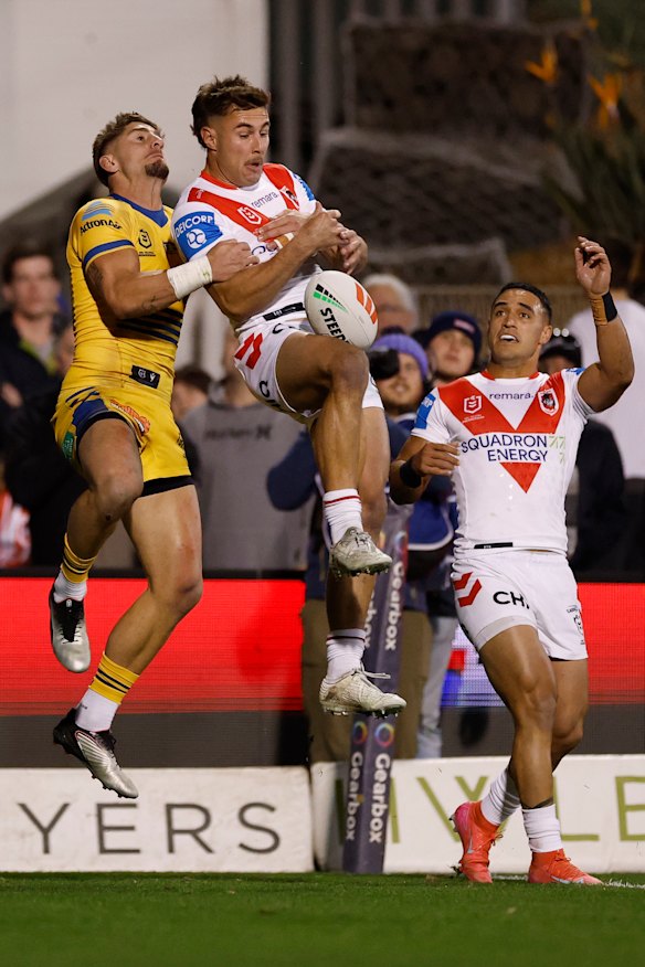 Nathan Lawson and Zac Lomax go up for a high ball on Saturday night.