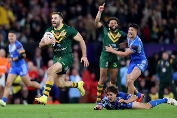 James Tedesco on his way to score for Australia in the final of last year’s Rugby League World Cup against Samoa.