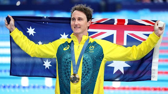 Cameron McEvoy after winning gold in the men’s 50m freestyle at the Paris Olympics.