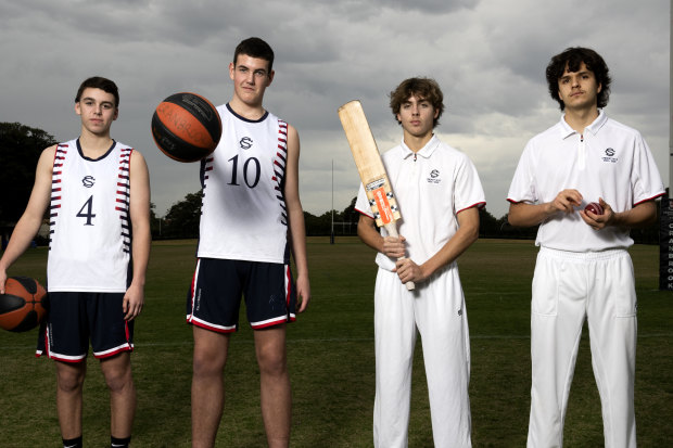 Sam Konstas (far right) poses for a photo with Cranbrook schoolmates for a story in the AFR in 2023. 
