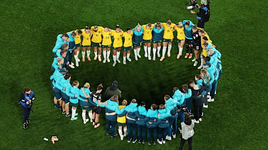 Captured our hearts. The Matildas squad huddle after the team’s defeat and elimination from the tournament.