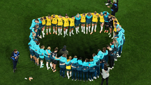 Captured our hearts. The Matildas squad huddle after the team’s defeat and elimination from the tournament.