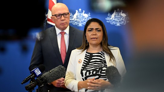 Federal Opposition Leader Peter Dutton and shadow Indigenous Australians spokeswoman Jacinta Nampijinpa Price in Brisbane on Saturday night.