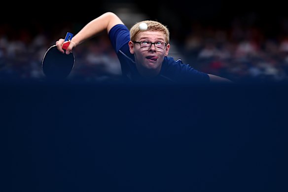 Felix Lebrun of France serves during the men’s team semi-final match 2 against China.