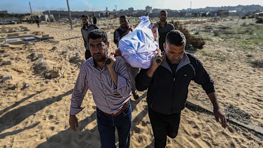 Relatives and friends attend the funeral of Muhammad Abdullah Hasaballah, 22, killed by air strikes in Khan Yunis, Gaza.