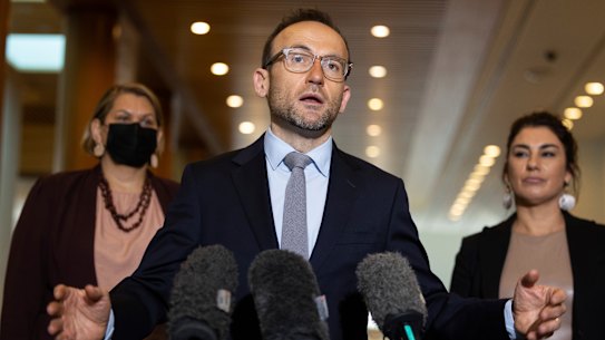 Greens leader Adam Bandt, with Dorina Cox, left, and Lidia Thorpe, right.