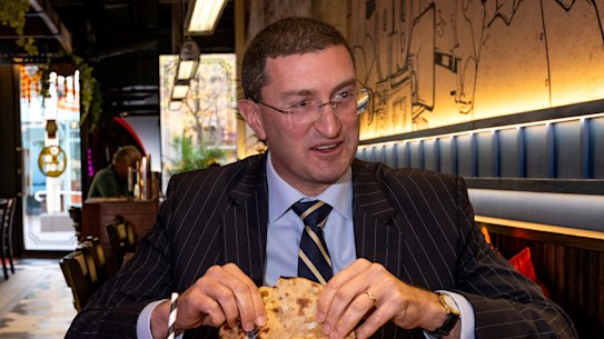 Julian Leeser at lunch at O’Bombay Restaurant in Hornsby.
