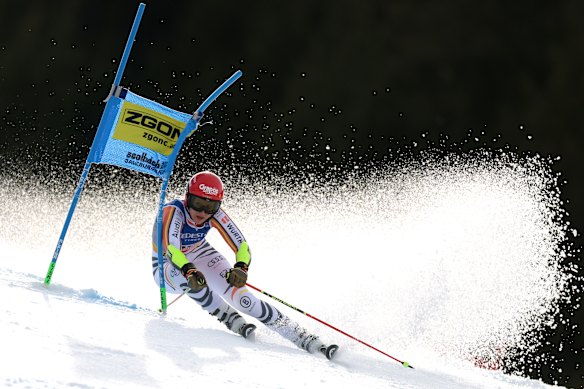 Lena Duerr competes in run two in the Women’s Giant Slalom at Zwölferkogel in Saalbach-Hinterglemm, Austria.