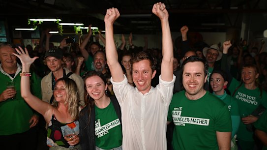 Max Chandler-Mather celebrates his win in Griffith with jubilant Greens supporters.