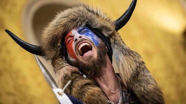 The “QAnon Shaman” Jacob Chansley after storming the US Capitol in 2021.