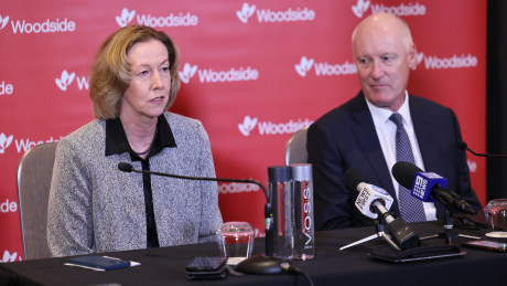 Woodside’s CEO Meg O’Neill and Chairman Richard Goyder at Woodside face the press after a four hour annual shareholder meeting in Perth last Wednesday ( 24 April, 2024 Photo: Trevor Collens