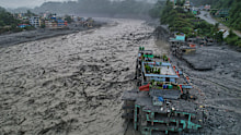 A drone view of the aftermath of flash flooding along the Trishuli River.