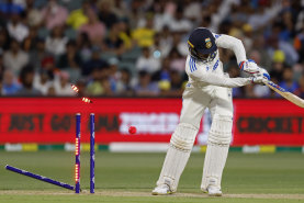 India’s Shubman Gill is bowled by Mitchell Starc in Adelaide.