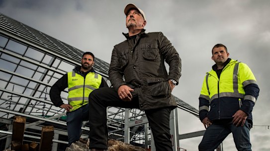 The Block executive producer Julian Cress (centre) with Nine in Six builders, Andrew Simmons and Aidan O’Shannessy in Gisborne South.