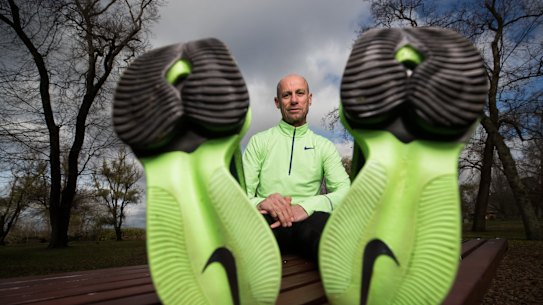 Steve Moneghetti, sporting a pair of new generation Alphaflys, says the shoes take about three seconds off every kilometre he runs.