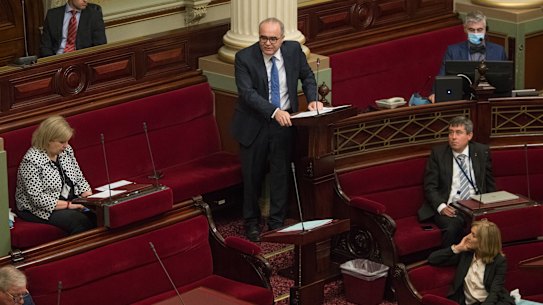 Fiona Patten, bottom right, listens to Adem Somyurek speaking in the upper house in 2020.