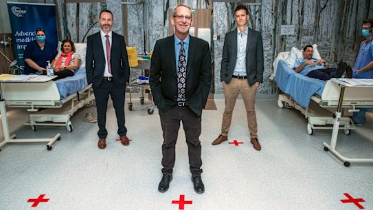 Professors Trent Munro (left) and Keith Chappell (right) with Professor Paul Young (centre),  who are leading the team at the University of Queensland producing what looks like Australia’s leading candidate for a coronavirus vaccine.