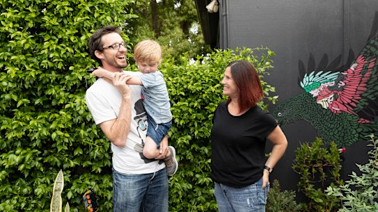 Brent Winstone and Elle Green, parents of Louis, are part of a growing cohort of Sydneysiders where both parents work full time and have children under the age of five. 