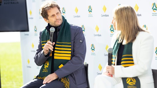 Matildas Coach Joe Montemurro, Football Australia Interim CEO Heather Garriock and CBA CEO Matt Comyn during a Q and A. Commonwealth Bank will be continuing to sponsor the Matildas and Socceroos soccer teams. Photographed at Commbank Stadium in Parramatta