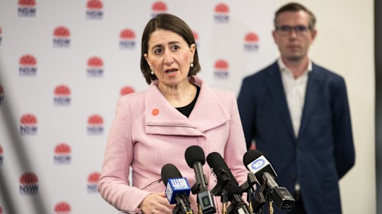 NSW Premier Gladys Berejiklian, Deputy Premier John Barilaro, Treasurer Dominic Perrottet, Minister for Health Brad Hazzard, Minister for Customer Service Victor Dominello and NSW Chief Health Officer Dr Kerry Chant will provide an update on COVID-19. 14th June 2020. Photo: Edwina Pickles / SMH14th June 2020. Photo: Edwina Pickles / SMH