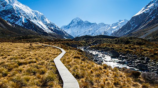 A boardwalk on the way to Mount Cook, New Zealand.
