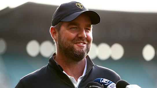 MELBOURNE, AUSTRALIA - DECEMBER 02: Marc Leishman speaks to media ahead of the 2019 Presidents Cup, at Melbourne Cricket Ground on December 02, 2019 in Melbourne, Australia. (Photo by Kelly Defina/Getty Images)