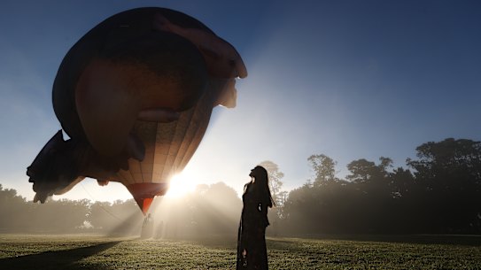 Artist Patricia Piccinini with Skywhalepapa. 