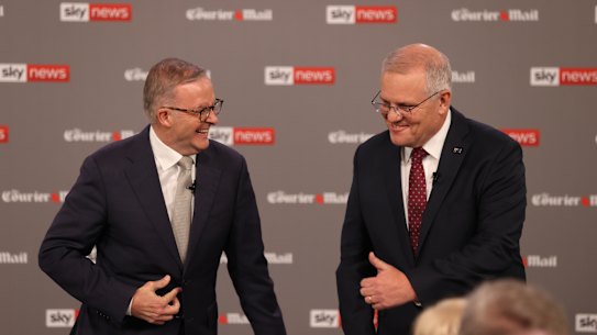 FEDERAL ELECTION TEAM 2022. LEADERS DEBATE.  POOL IMAGES. 20/4/2022
Sky News / The Courier-Mail People’s Forum with Scott Morrison and Anthony Albanese at the Gabba, Brisbane in front of 100 undecided voters, the first debate of the federal election. Picture: Toby Zerna
