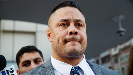 Jarryd Hayne leaves court in April 2023 after being convicted of sexual assault for a second time.