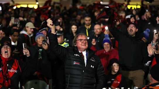 Kevin Sheedy.gets the Essendon faithful waving their scarves in celebration of their club.