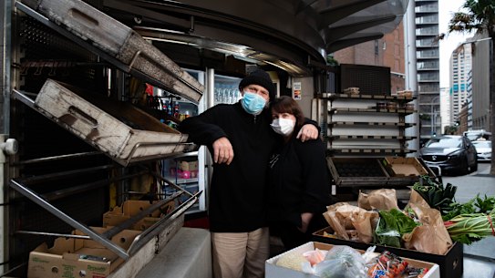 Tony and Abi Ulgiati, at their fruit kiosk in Sydney’s CBD.