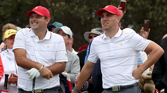 Patrick Reed (left) and Justin Thomas at Royal Melbourne.