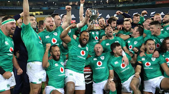 Ireland celebrate after winning their three-Test series against the All Blacks with victory in Wellington.