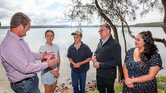 State Labor spokesman on water, Clayton Barr (left), Chelsea White, 17, from south of Narromine, Will Thomas, 15, from Tullamore, federal Labor spokesman on natural resources, Joel Fitzgibbon, and Tameka O'Donnell, 25, from Broken Hill.