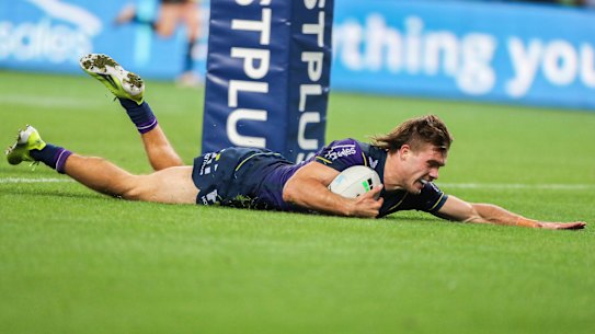 Ryan Papenhuyzen scores one of his four first-half tries.