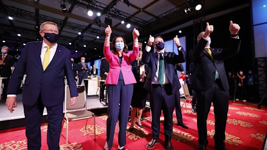 John Coates, president, Australian Olympic Committee, with Premier Annastacia Palaszczuk at announcement in Tokyo on Wednesday night of the 2032 Brisbane Games.