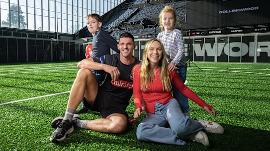 Scott Pendlebury with his wife Alex, son Jax and daughter Darcy ahead of his 400th game on Saturday night.