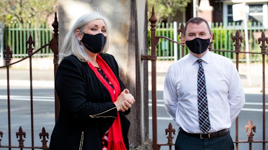 Principal Gail Clough and teacher Luke Fulwood at Macarthur Girls High, Parramatta .26th July 2021. Photo: Edwina Pickles / SMH